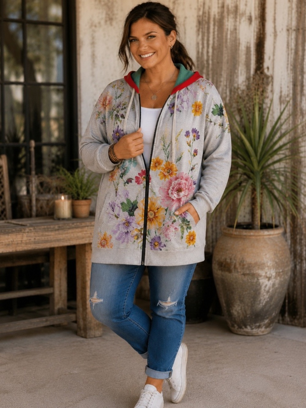 Blumin Apparel Plus Boutique Floral Double Hood Full Zip Hoodie 3X NWT